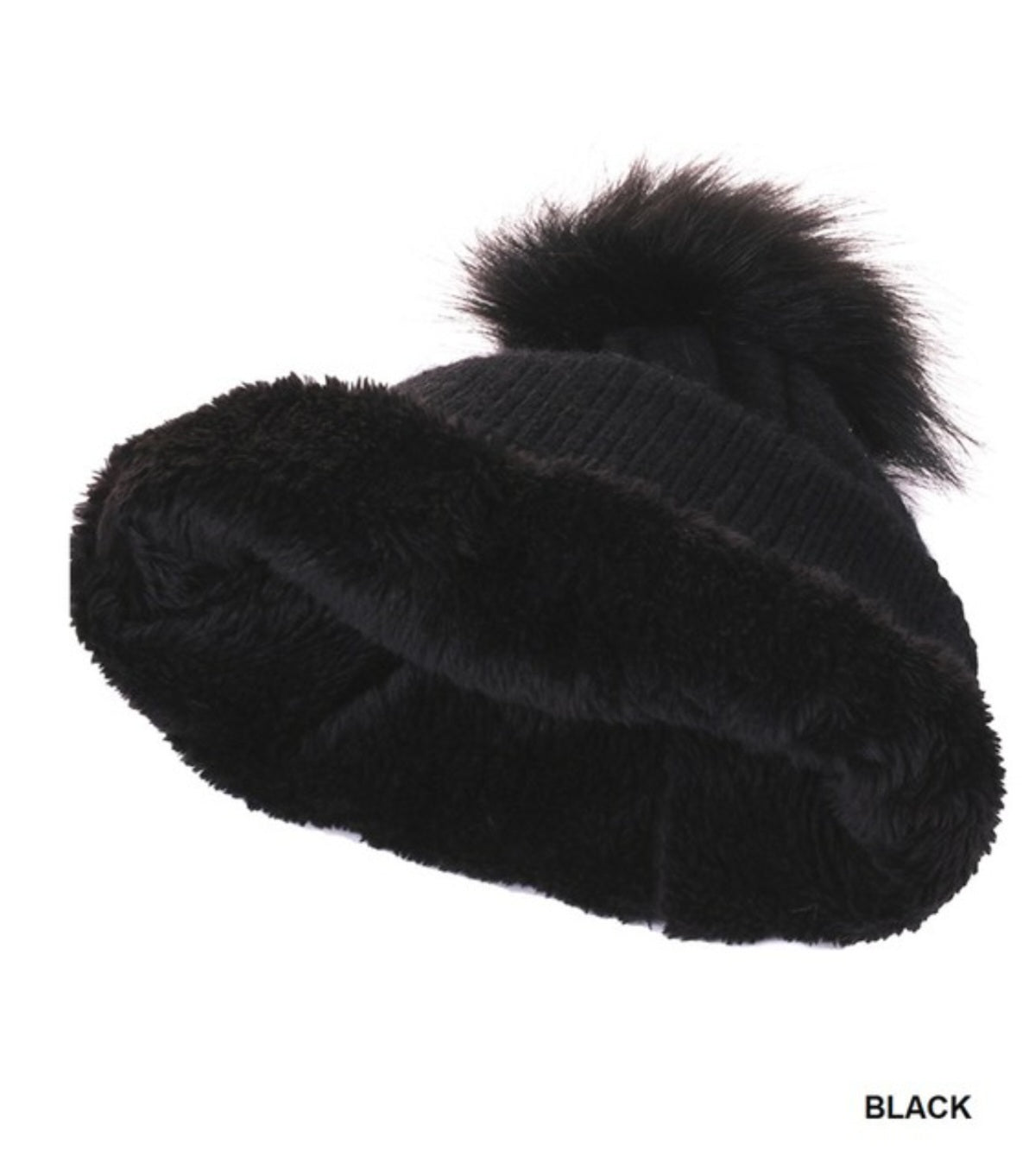 Black Knitted Pom Pom Beanie Hat