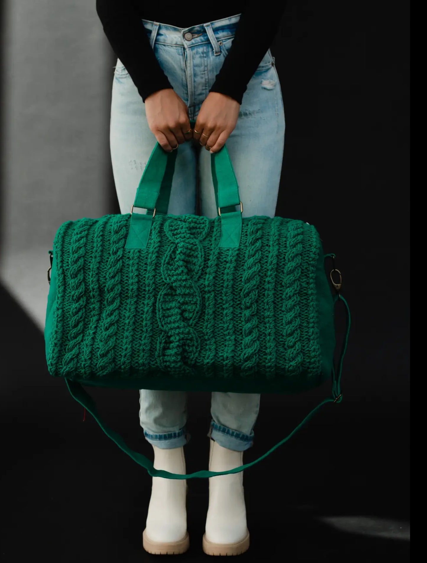 Kelly Green Cable Knit Duffle Bag