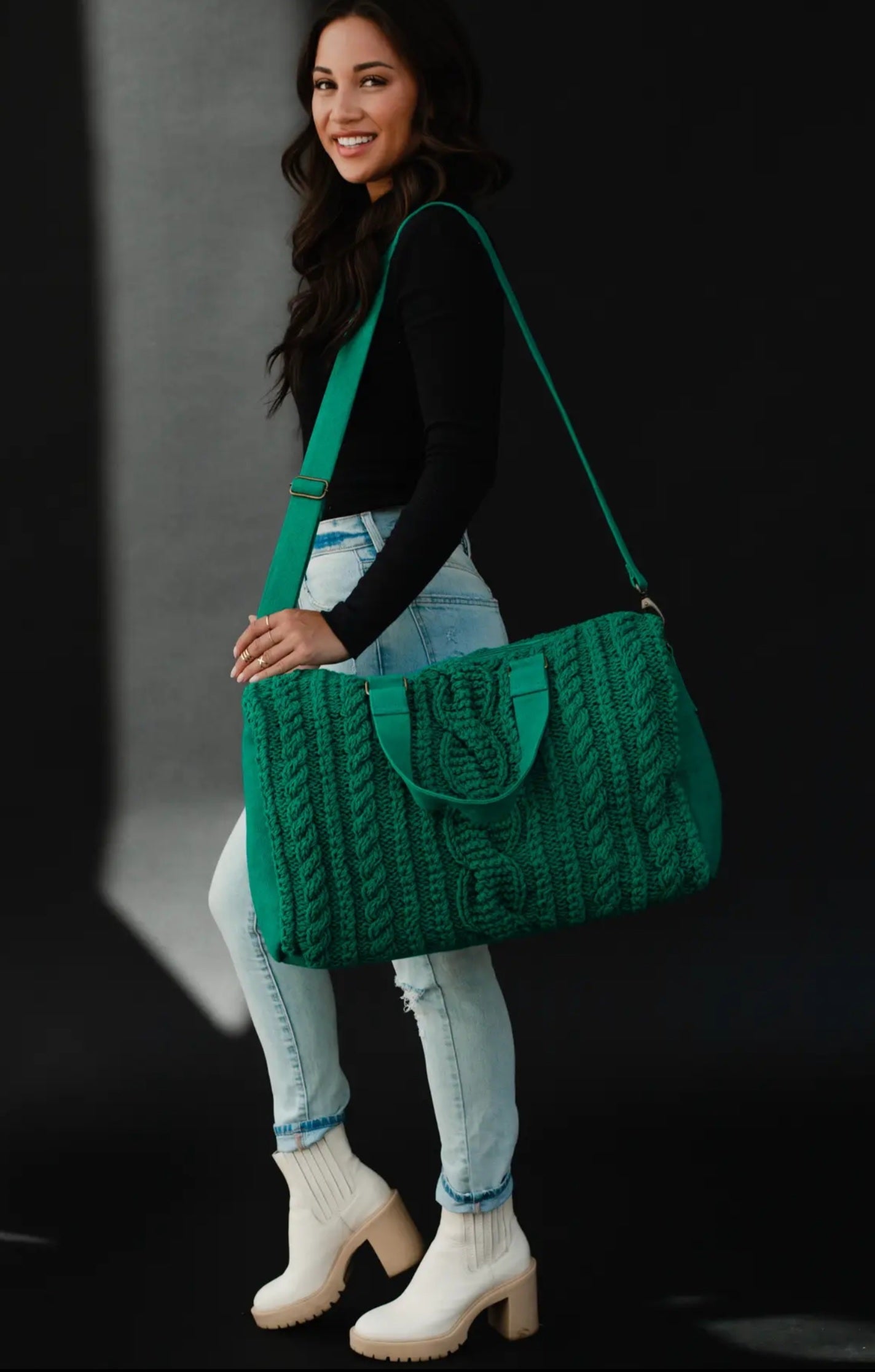 Kelly Green Cable Knit Duffle Bag