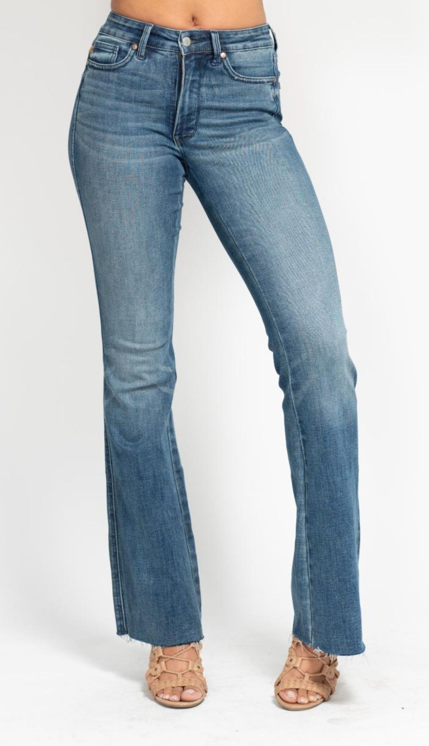 Judy Blue Midrise Tummy Control Vintage Wash Cut Hem Flare