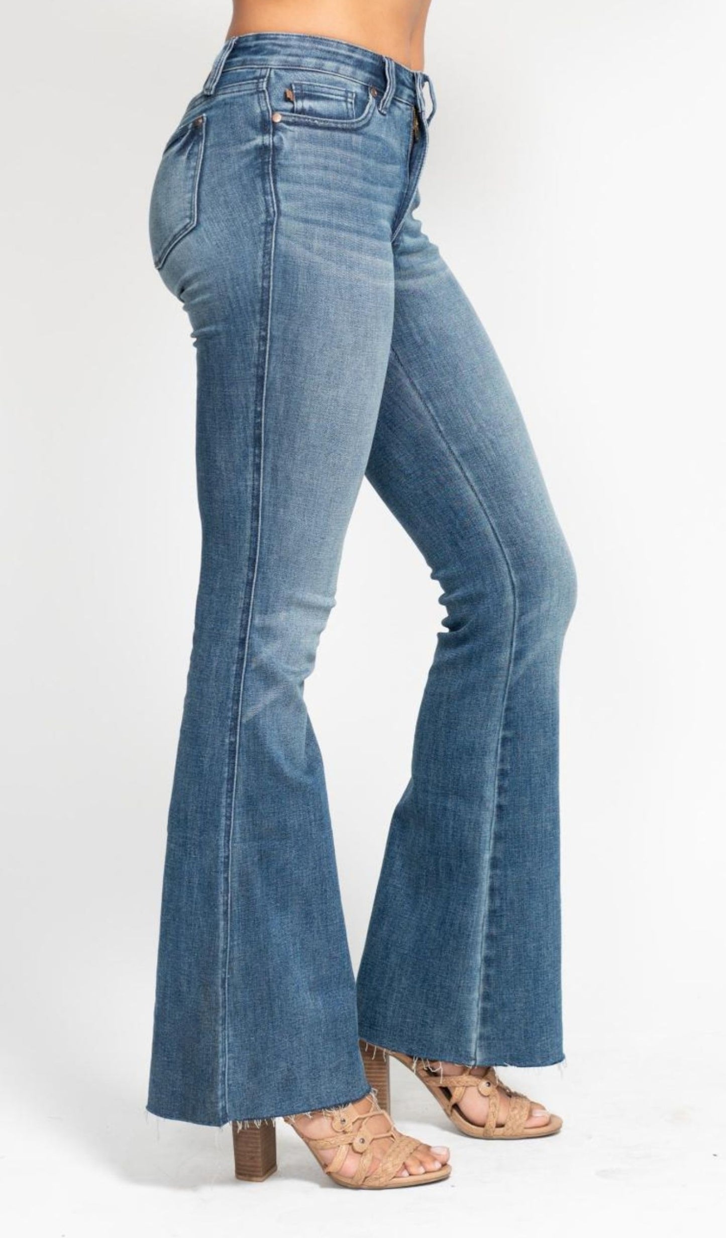 Judy Blue Midrise Tummy Control Vintage Wash Cut Hem Flare