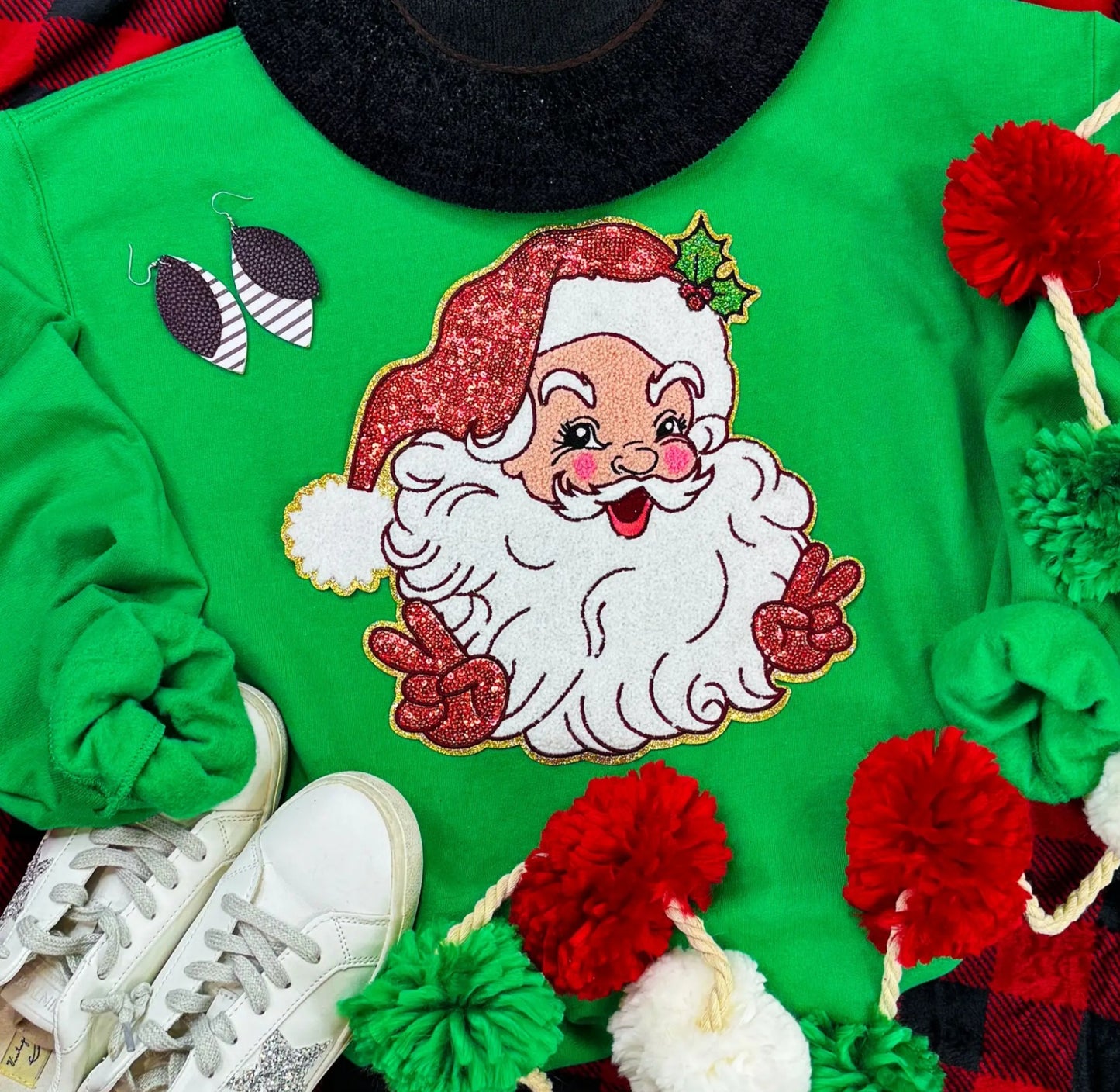 Sequin Chenille Peace Santa Crew