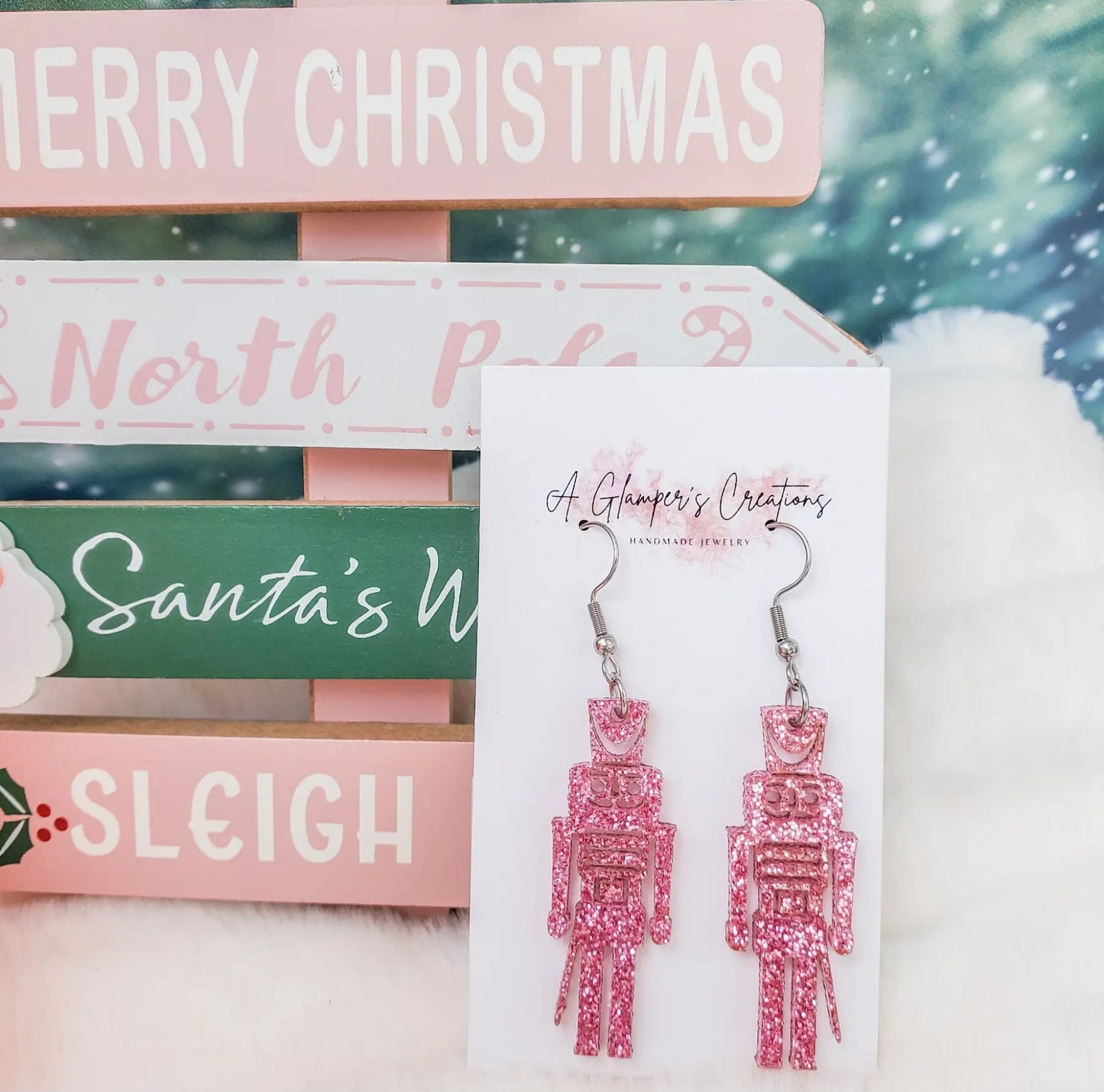 Pink Glitter Nutcracker Earrings