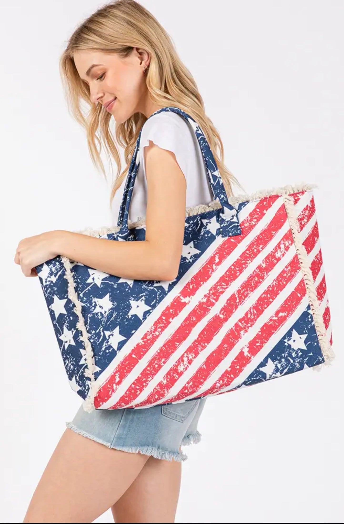 American Flag Pattern with Fringe Summer Tote Bag