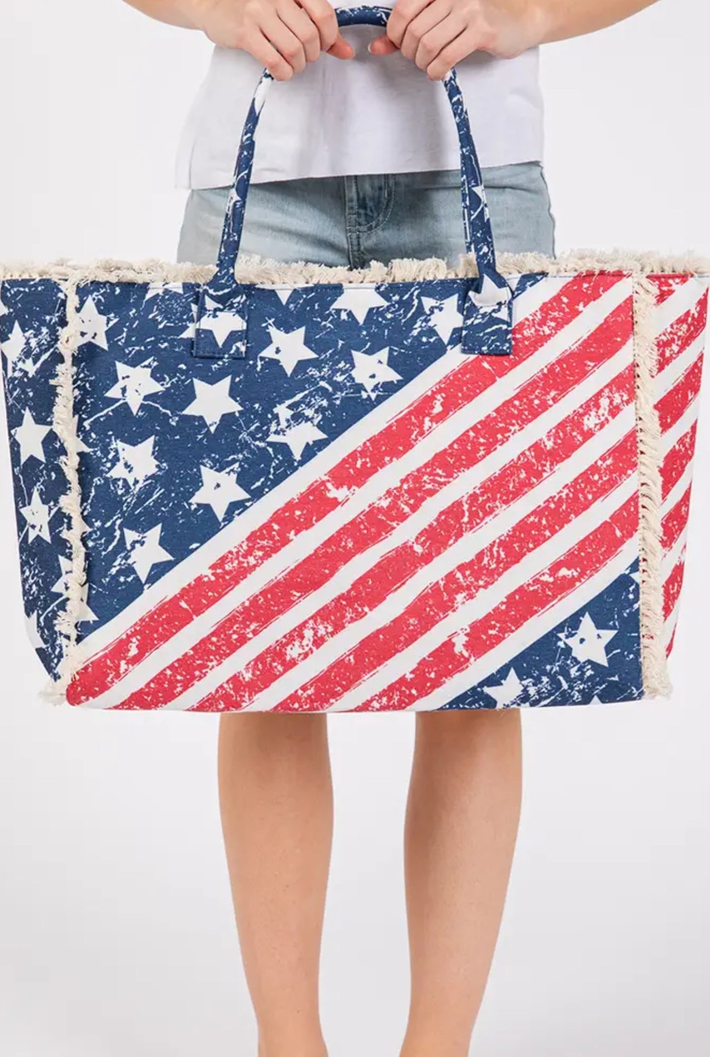 American Flag Pattern with Fringe Summer Tote Bag