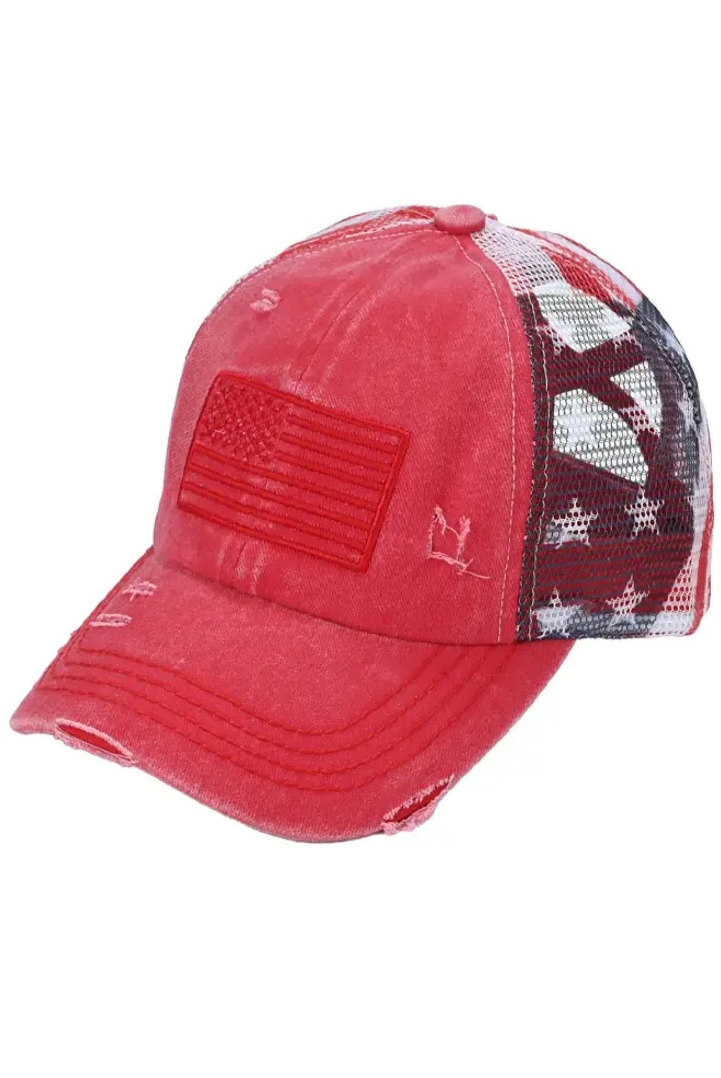 Red American Flag Mesh Back Trucker Hat Pony Cap