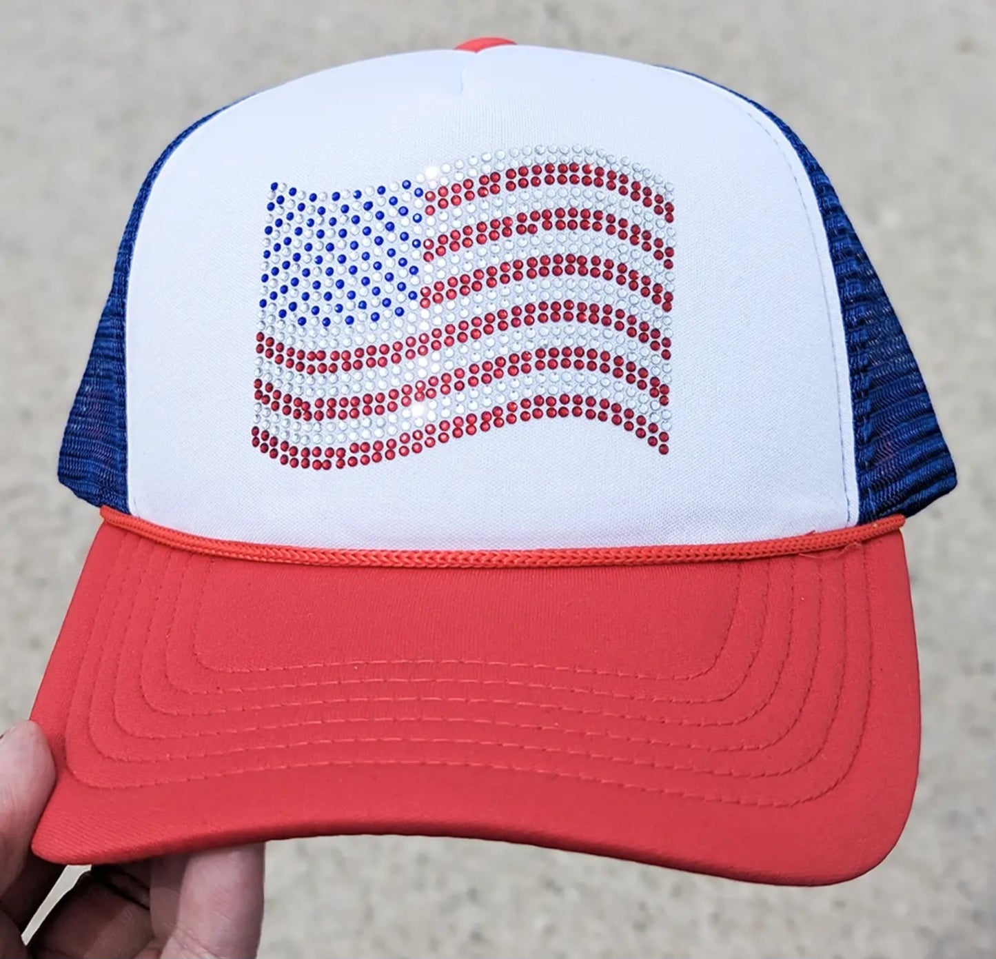 Rhinestone American Flag Trucker Hat