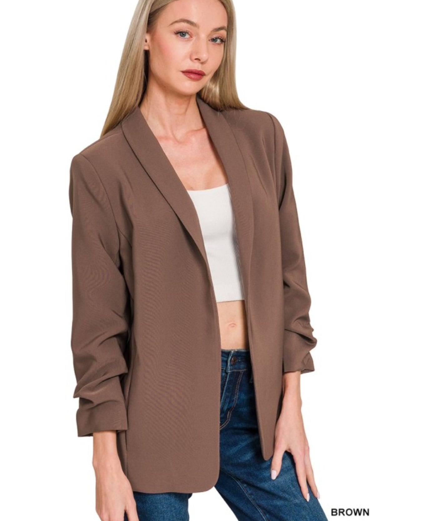 Woven 3/4 Ruched Sleeve Blazer