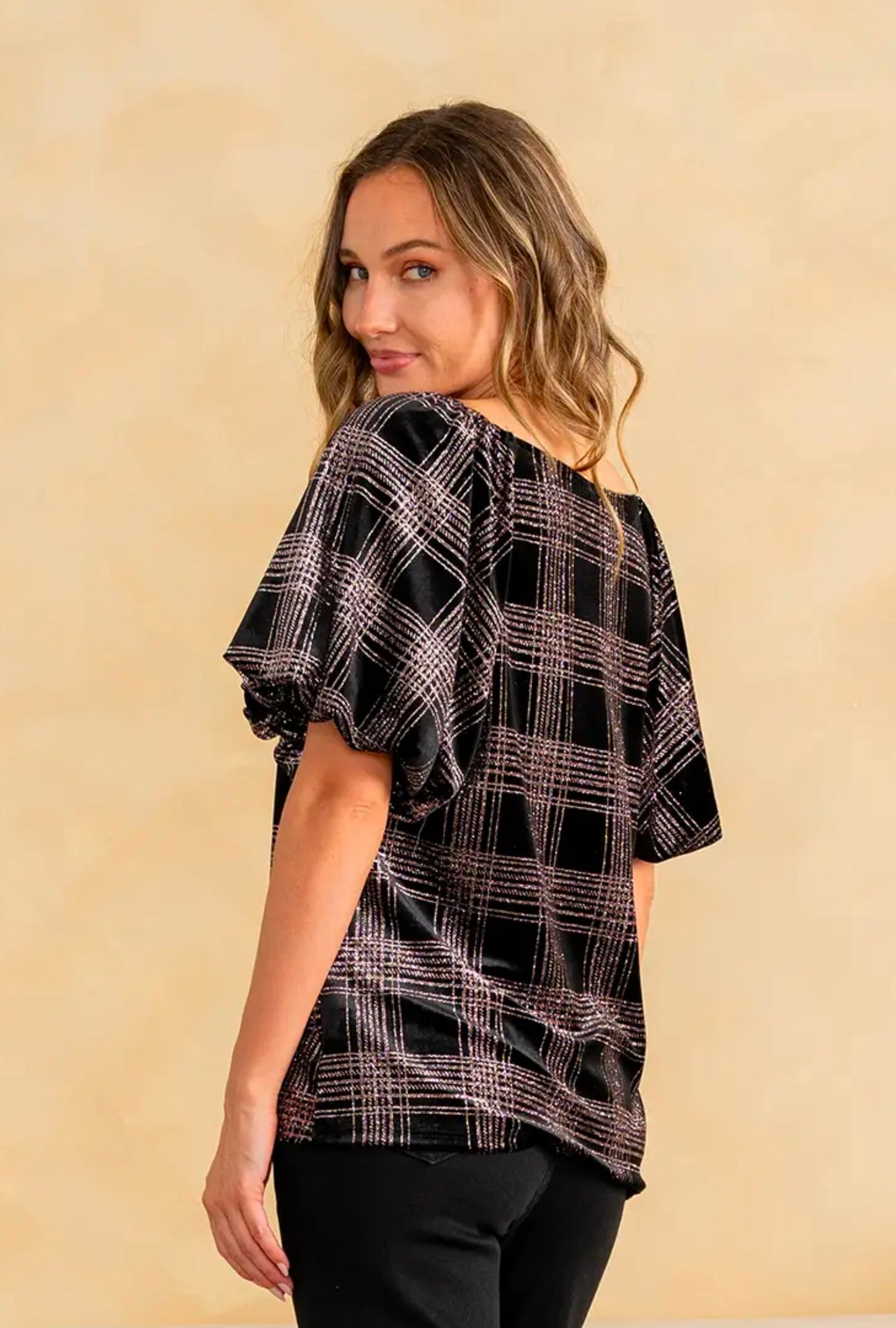 Shimmering Plaid Puff Sleeves Top