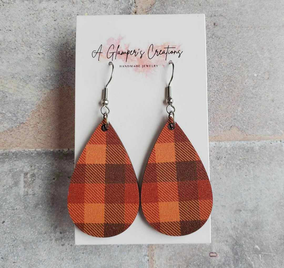 Fall Plad Wooden Teardrop Earrings