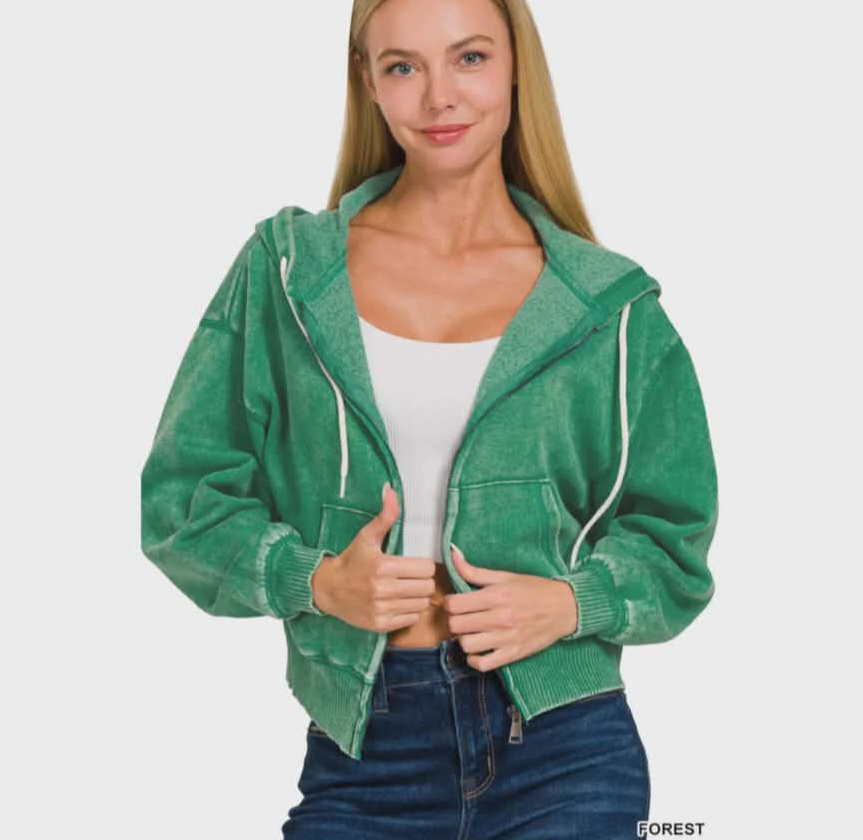 Acid Wash Fleece Cropped Zip Up Hoodie