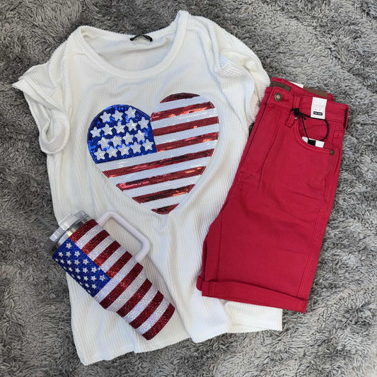 Sequin Heart Ribbed Tshirt