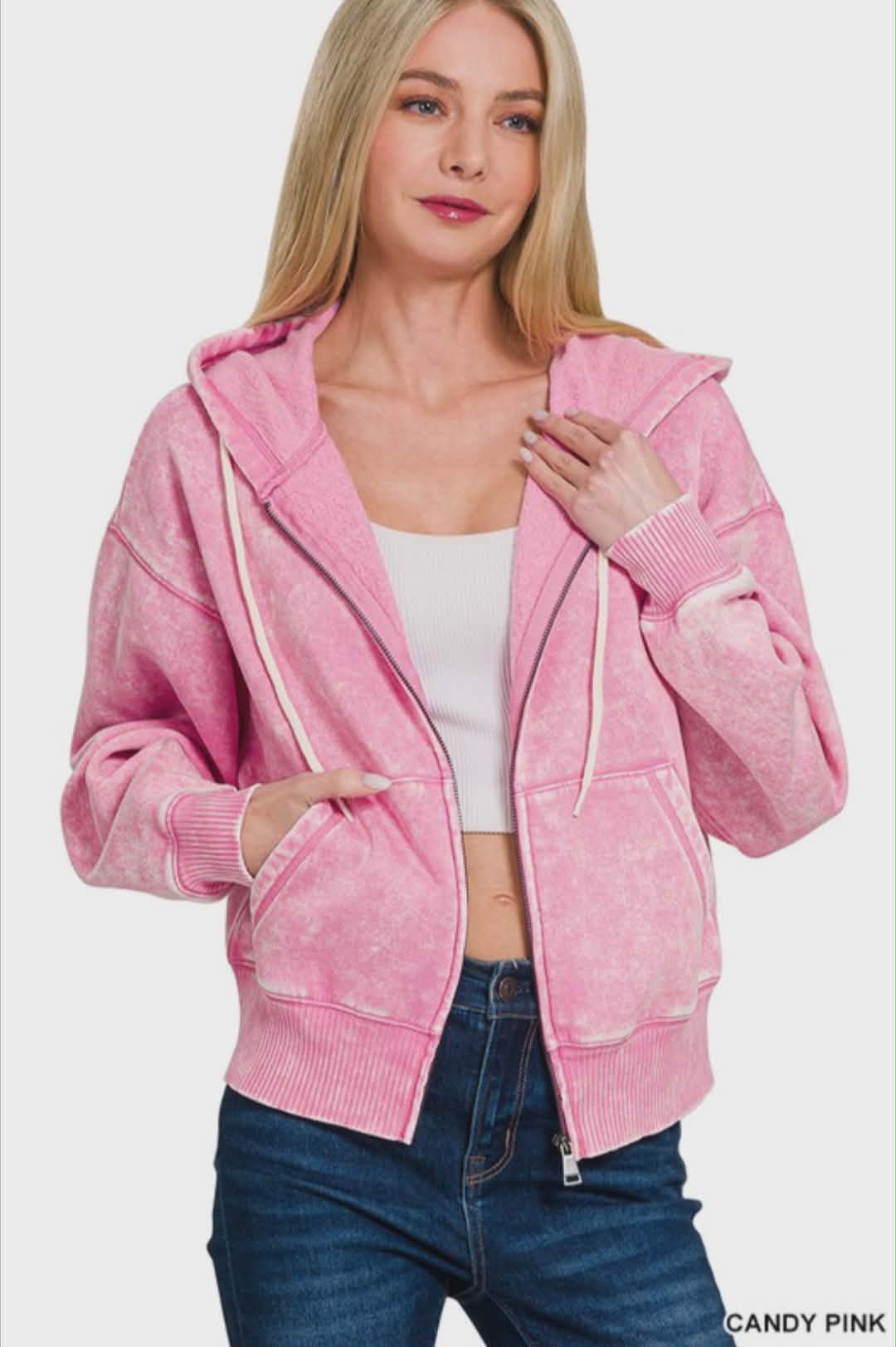 Acid Wash Fleece Cropped Zip Up Hoodie