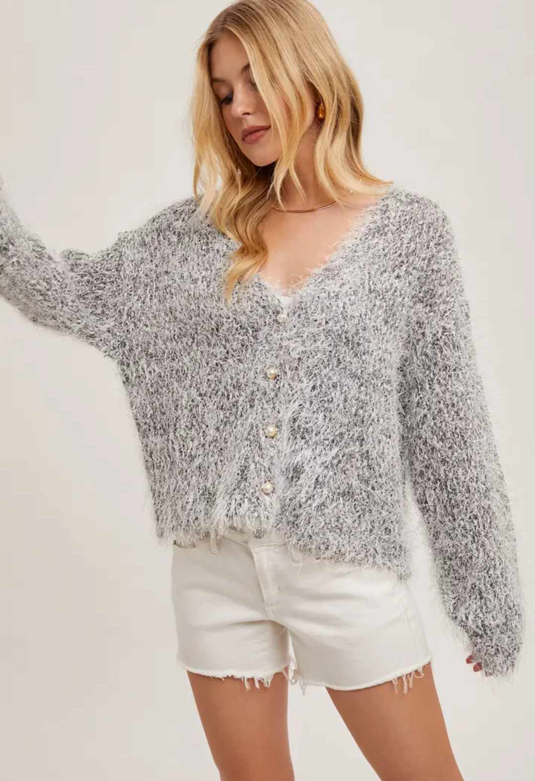 Pearl Button Down Fuzzy Knit Cardigan