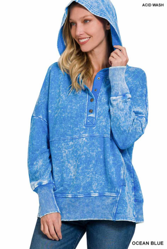 Ocean Blue Acid Wash Kangaroo Pocket Hoodie