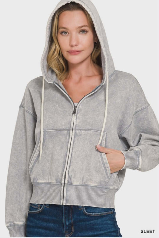 Acid Wash Fleece Cropped Zip Up Hoodie