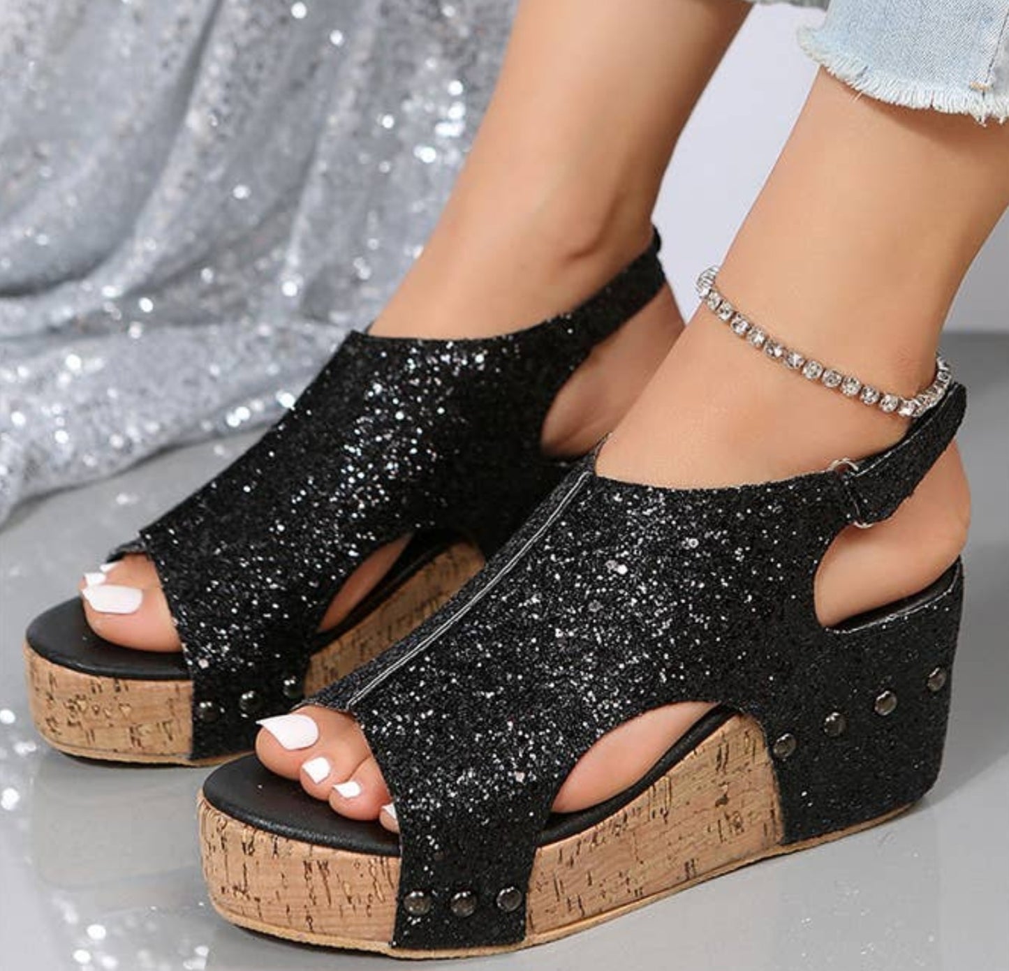 Bling Glitter Rivet Wedge Sandals