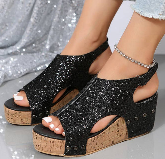 Bling Glitter Rivet Wedge Sandals