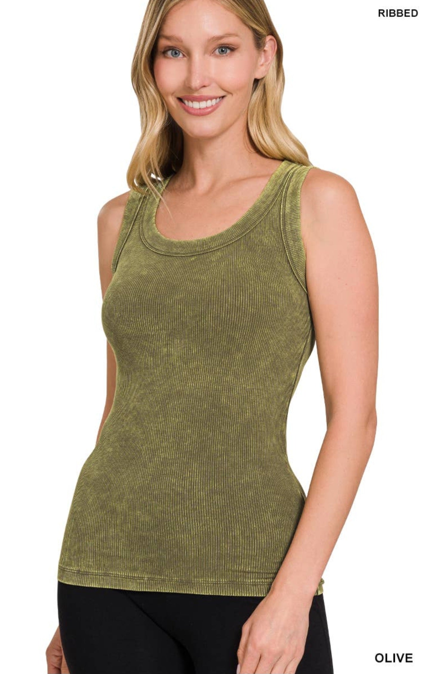 Olive washed Ribbed Scoop Neck Tank Top