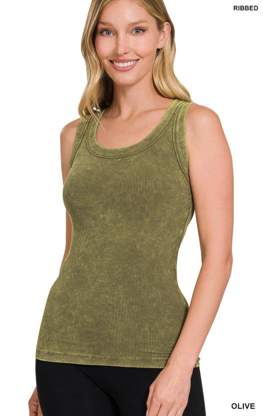 Olive washed Ribbed Scoop Neck Tank Top