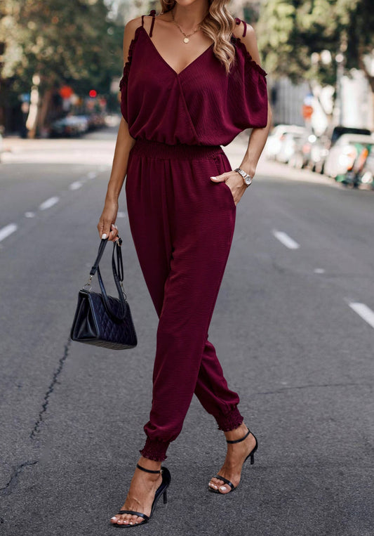 Cold Shoulder Smocked Faux Wrap Jumpsuit