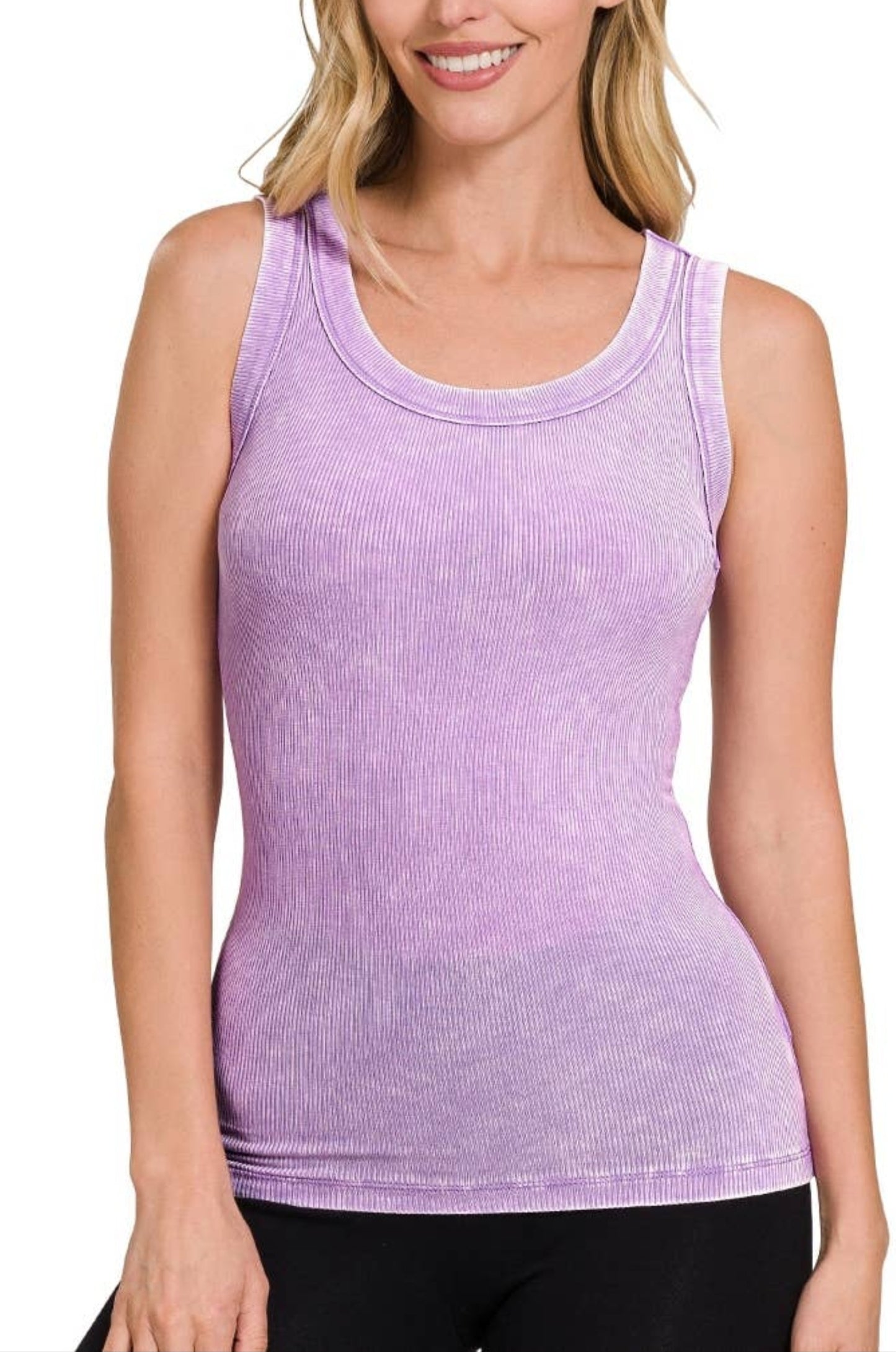 Lavender Washed Ribbed Scoop Neck Tank Top