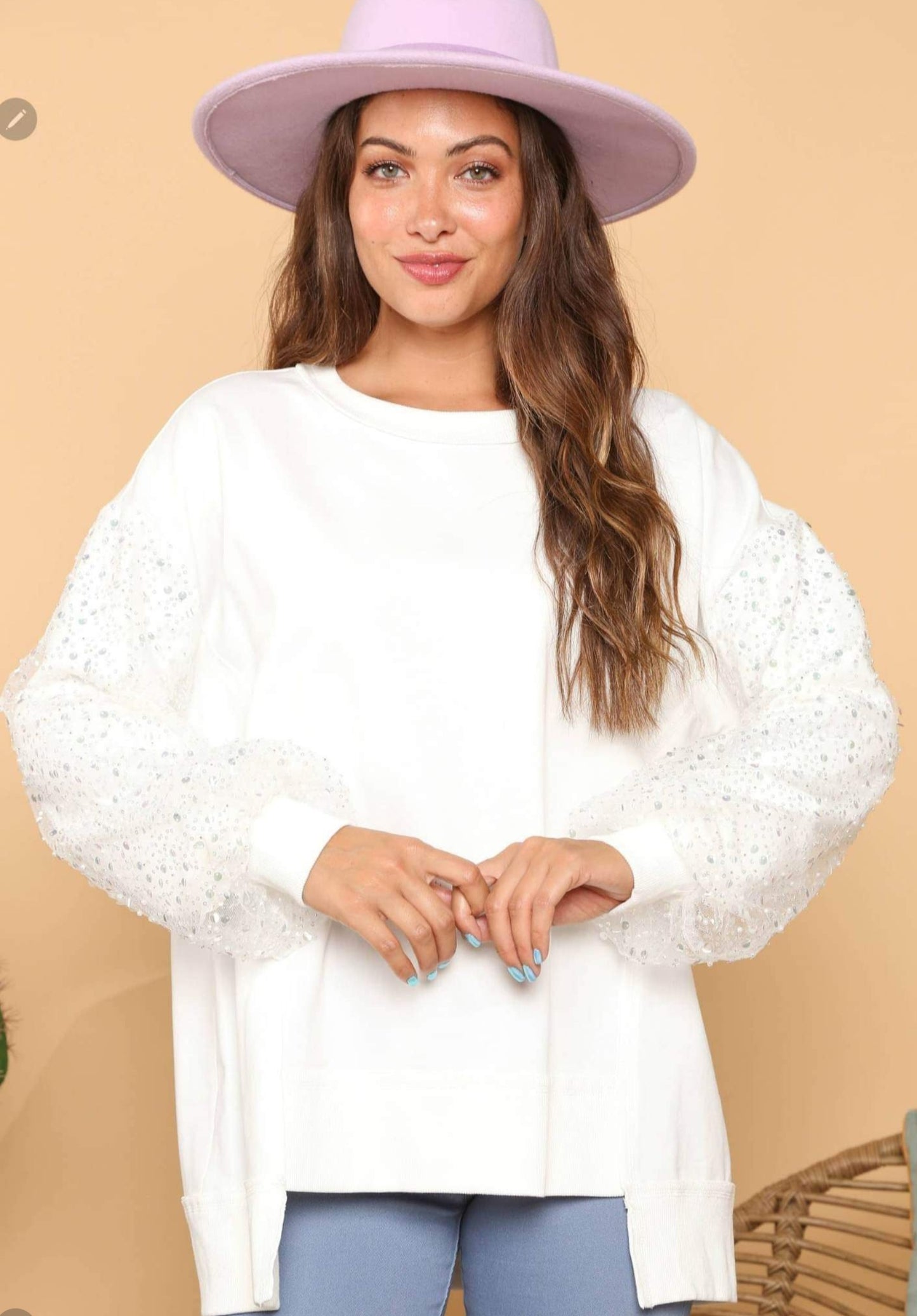 White Sequin Sleeve French Terry Knit Top