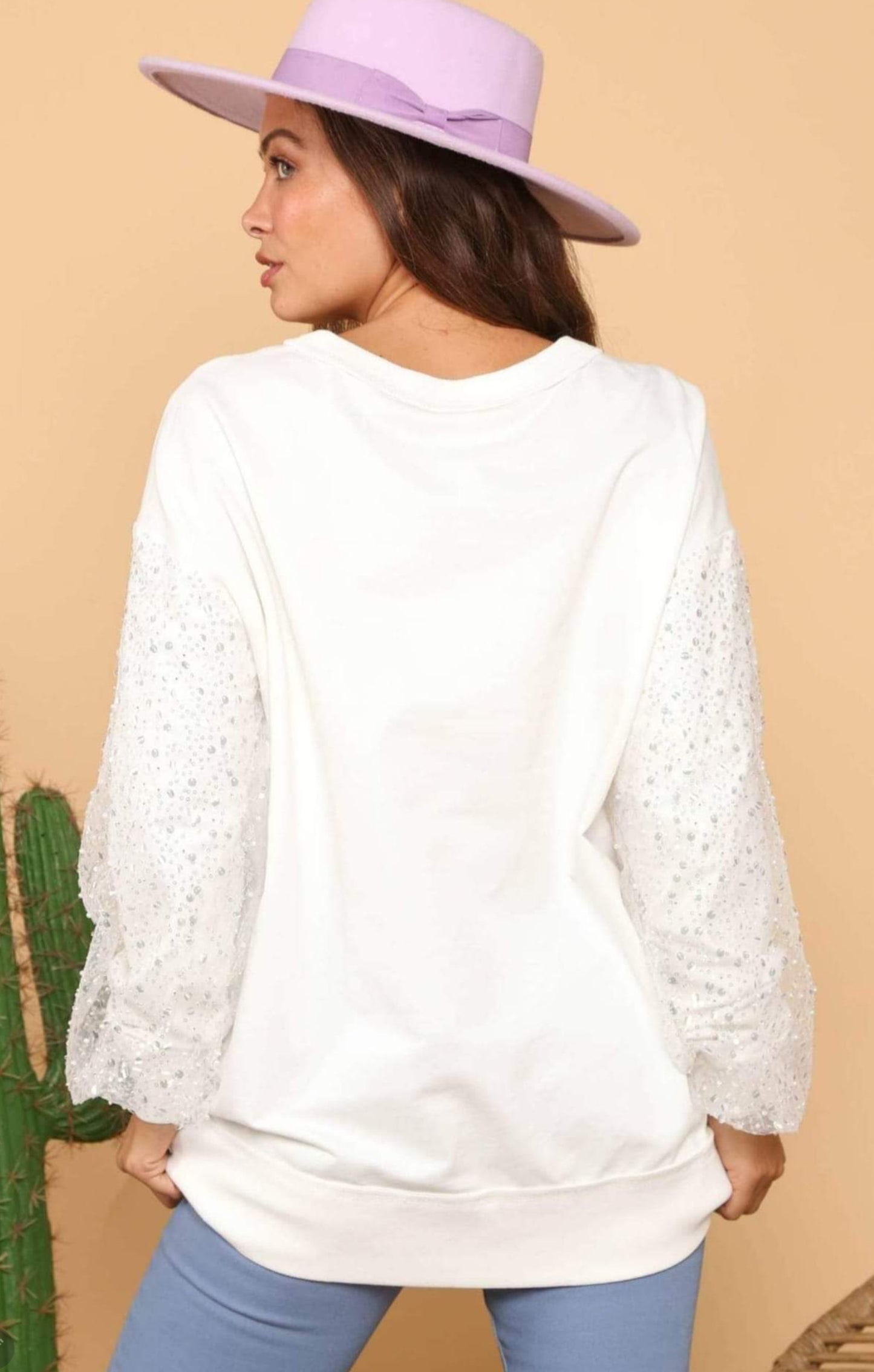 White Sequin Sleeve French Terry Knit Top