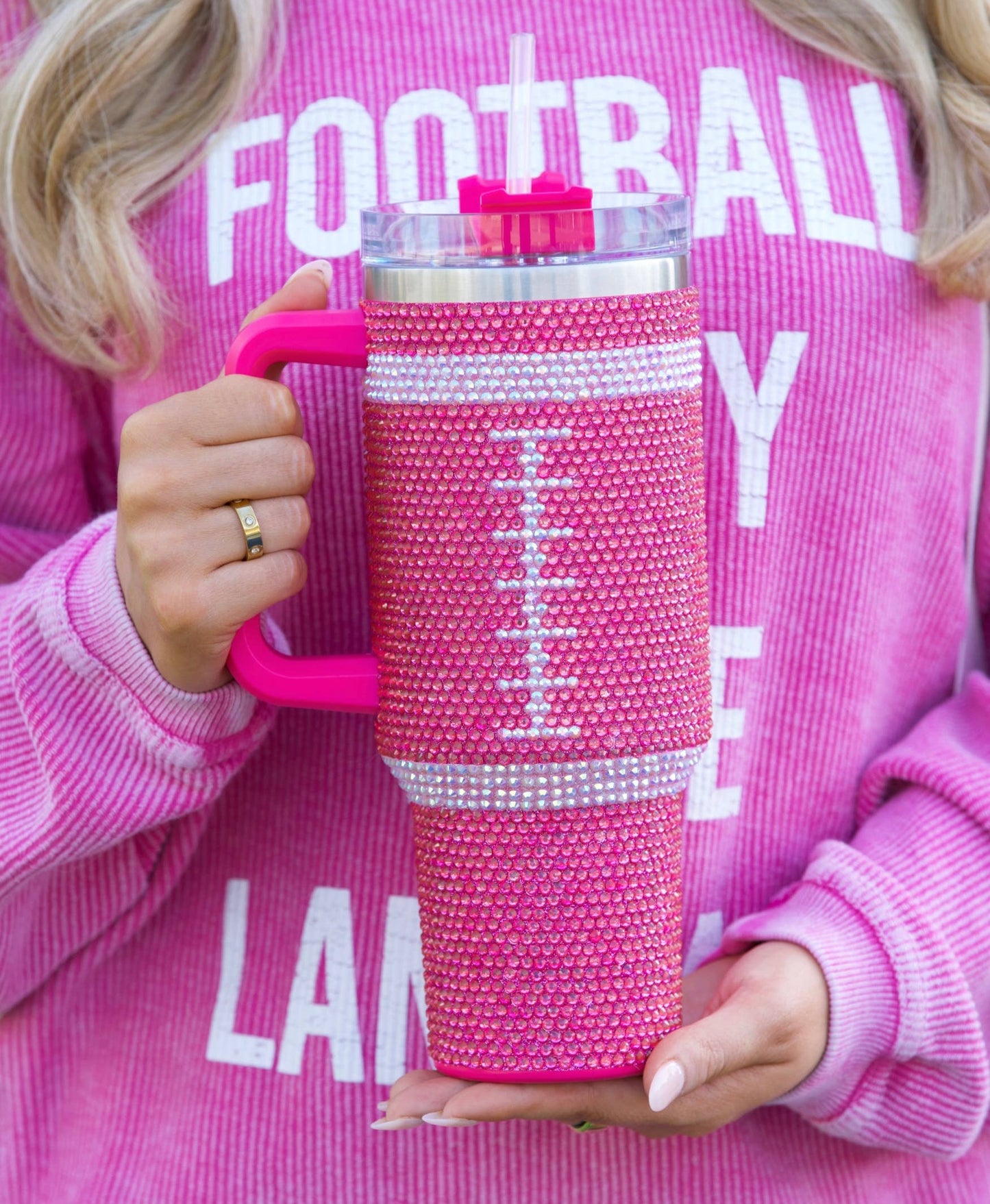 Pink Crystal Football Tumbler