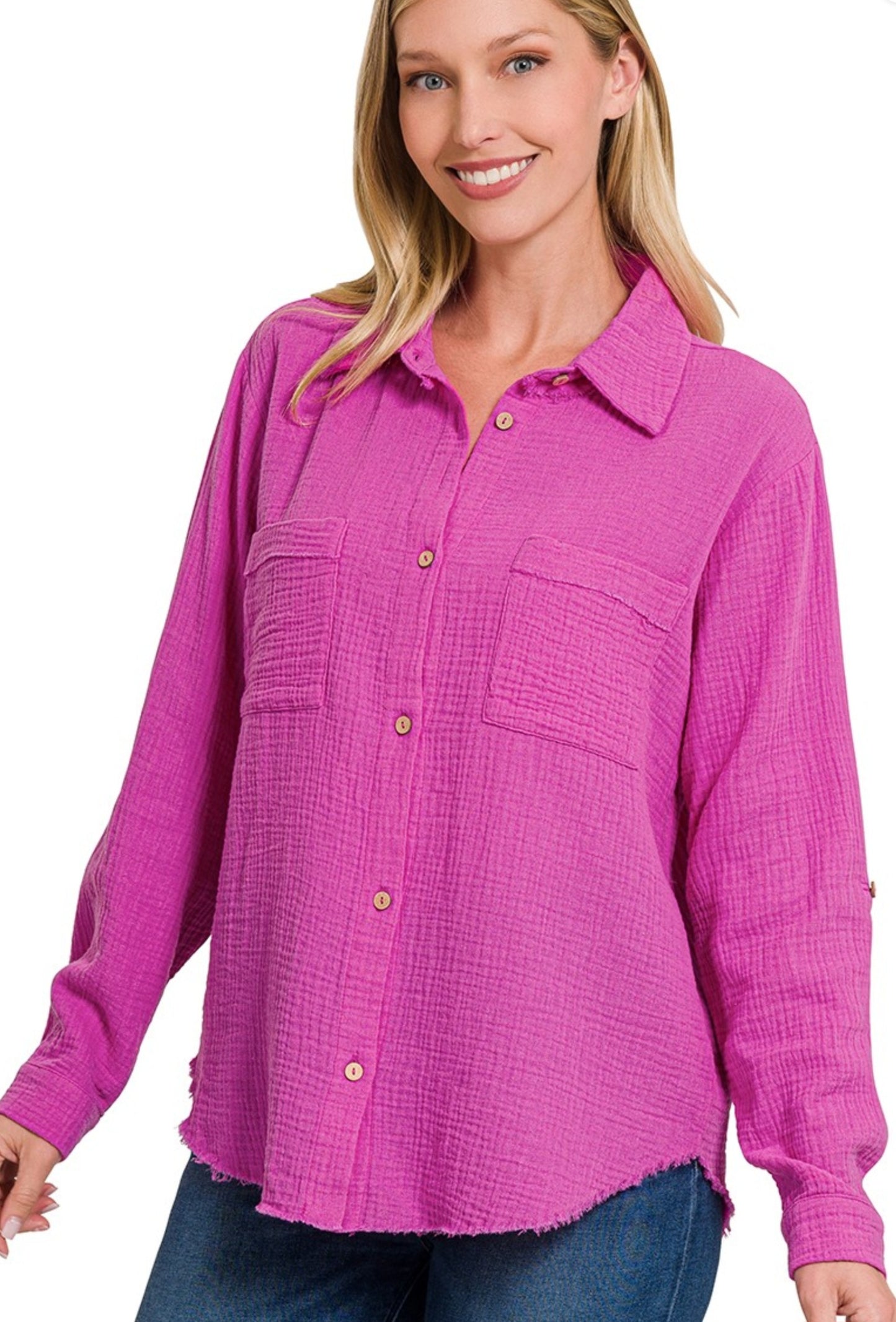 Neon Pink Double Gauze Button Down Shirt