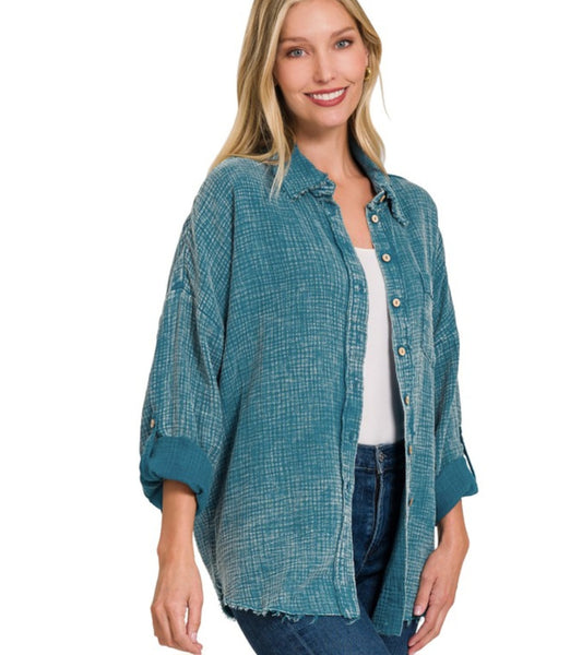 Teal Washed Double Gauze Button Down Shirt