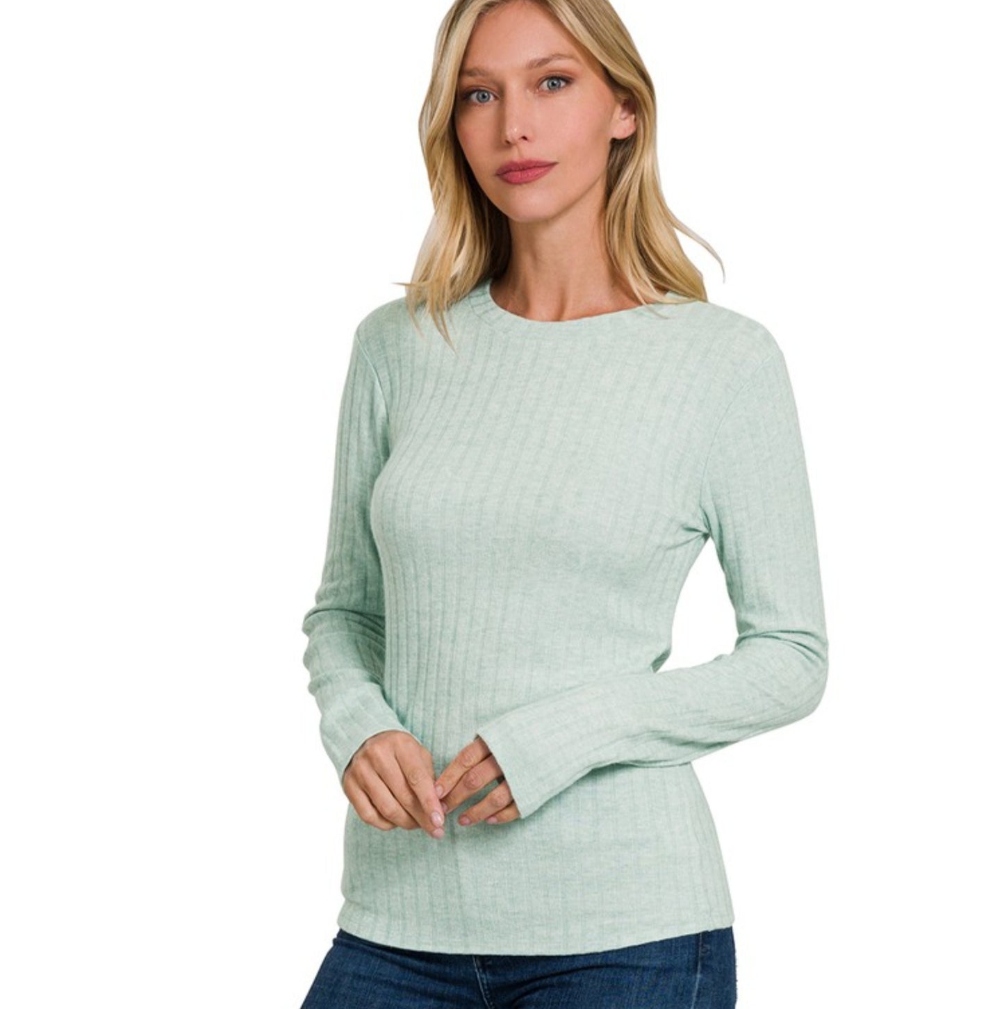 Light Green Ribbed Long Sleeve Top