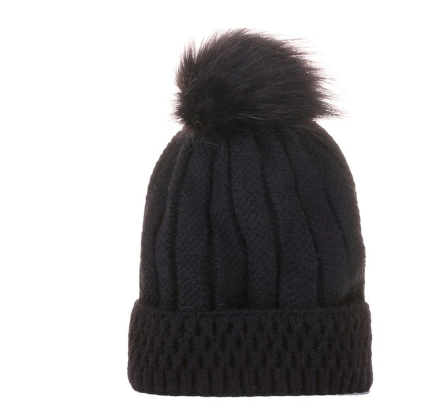 Black Knitted Pom Pom Beanie Hat