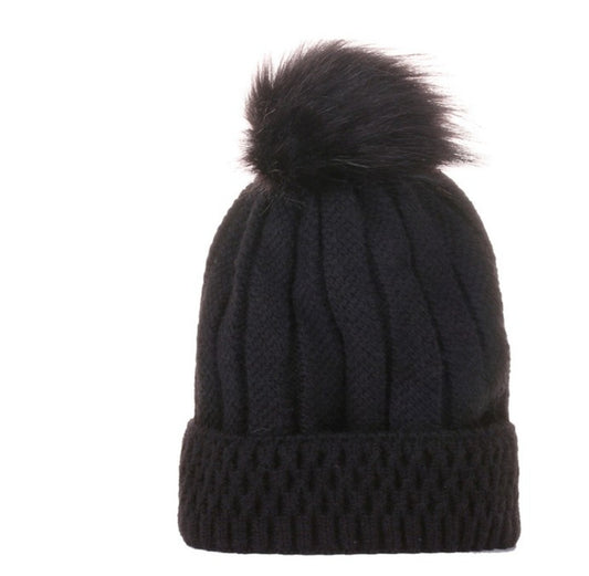 Black Knitted Pom Pom Beanie Hat