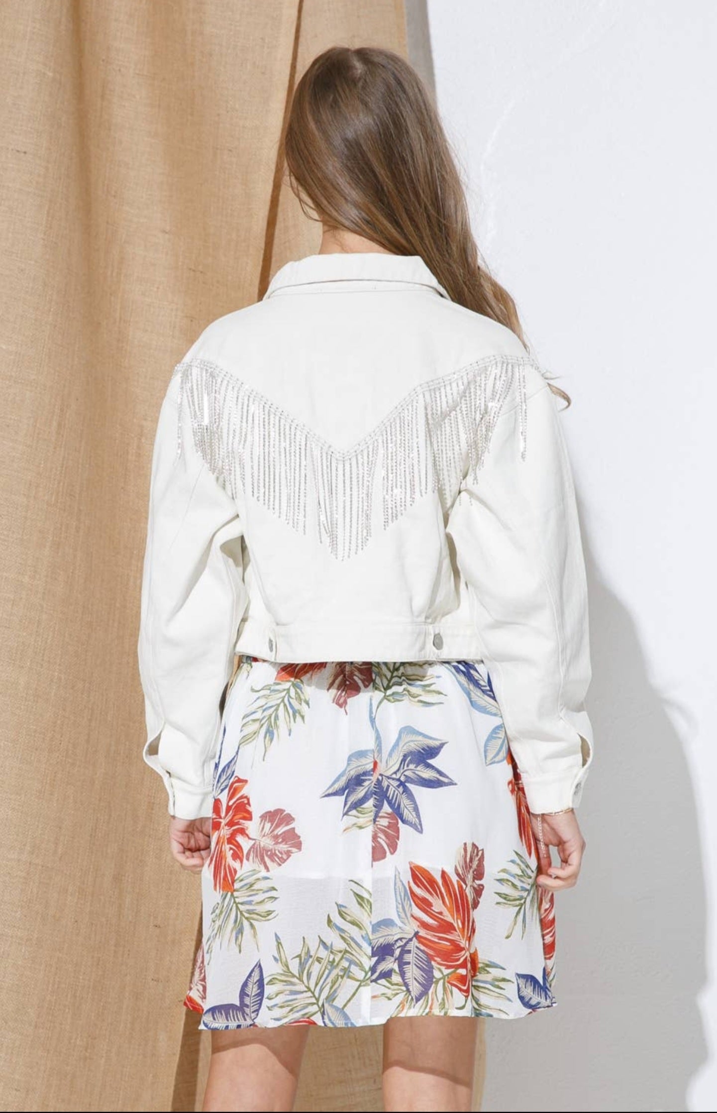 White Denim Waist Length Rhinestone Fringe Jacket