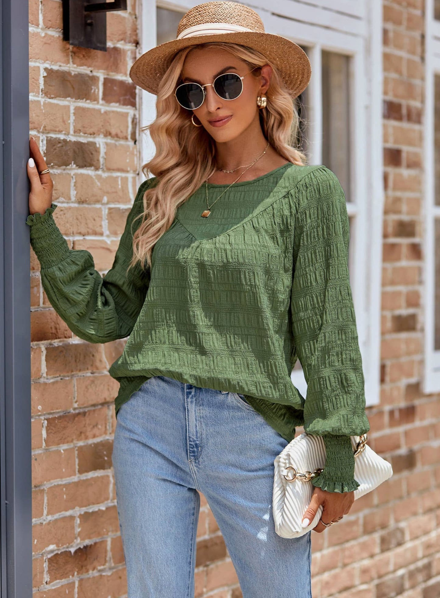 Olive Wrinkled Texture Long Sleeve Blouse