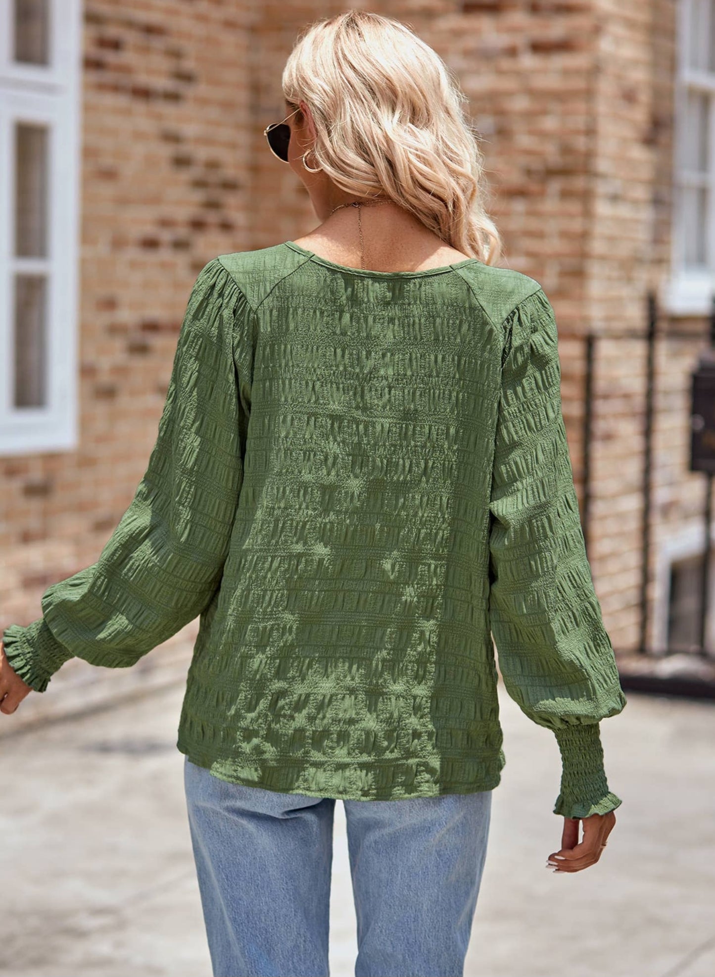 Olive Wrinkled Texture Long Sleeve Blouse