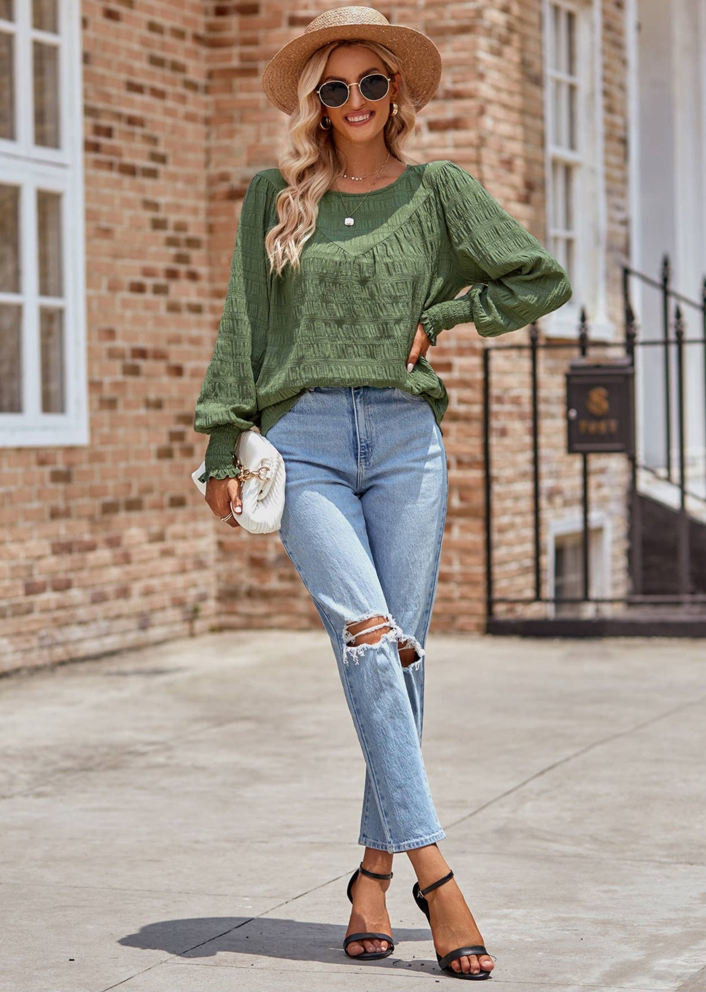 Olive Wrinkled Texture Long Sleeve Blouse