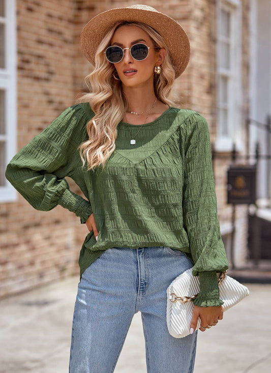 Olive Wrinkled Texture Long Sleeve Blouse