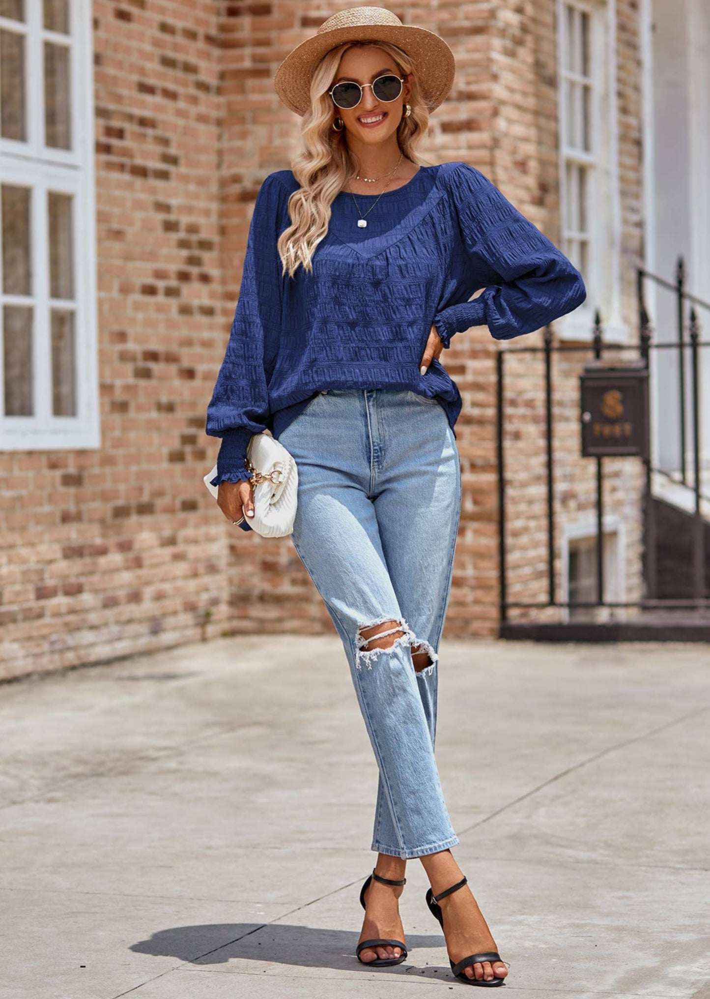 Navy Wrinkled Textured Long Sleeve Blouse