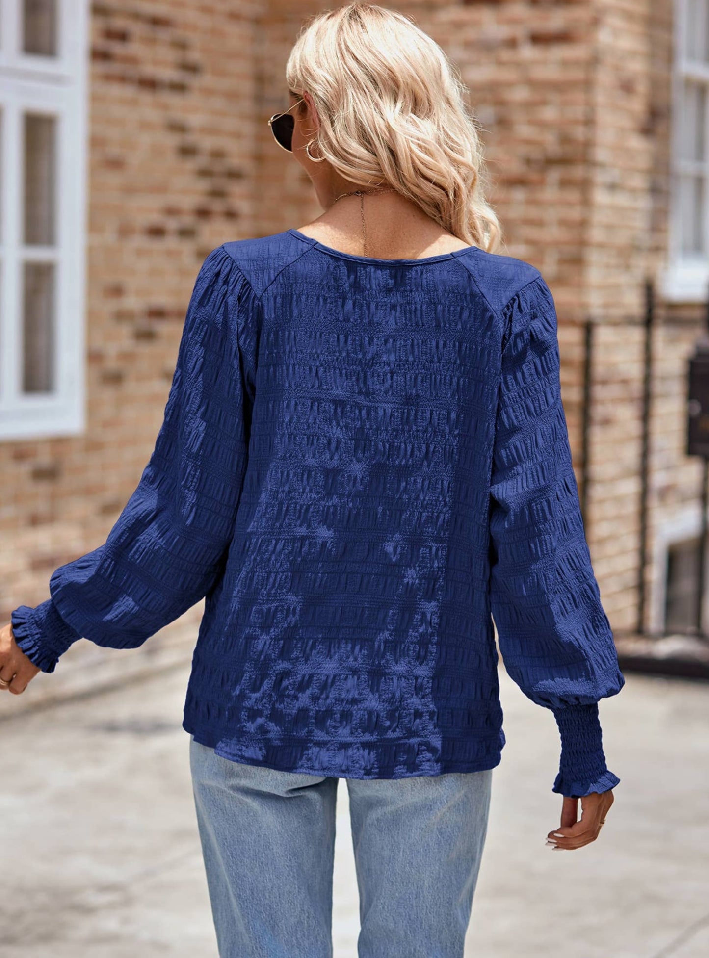 Navy Wrinkled Textured Long Sleeve Blouse