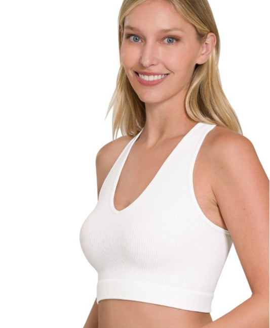 White Ribbed Cropped Racerback Tank Top