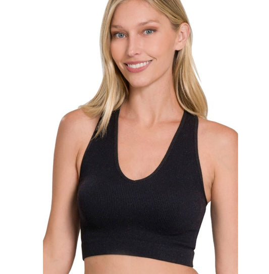 Black Ribbed Cropped Racerback Tank Top