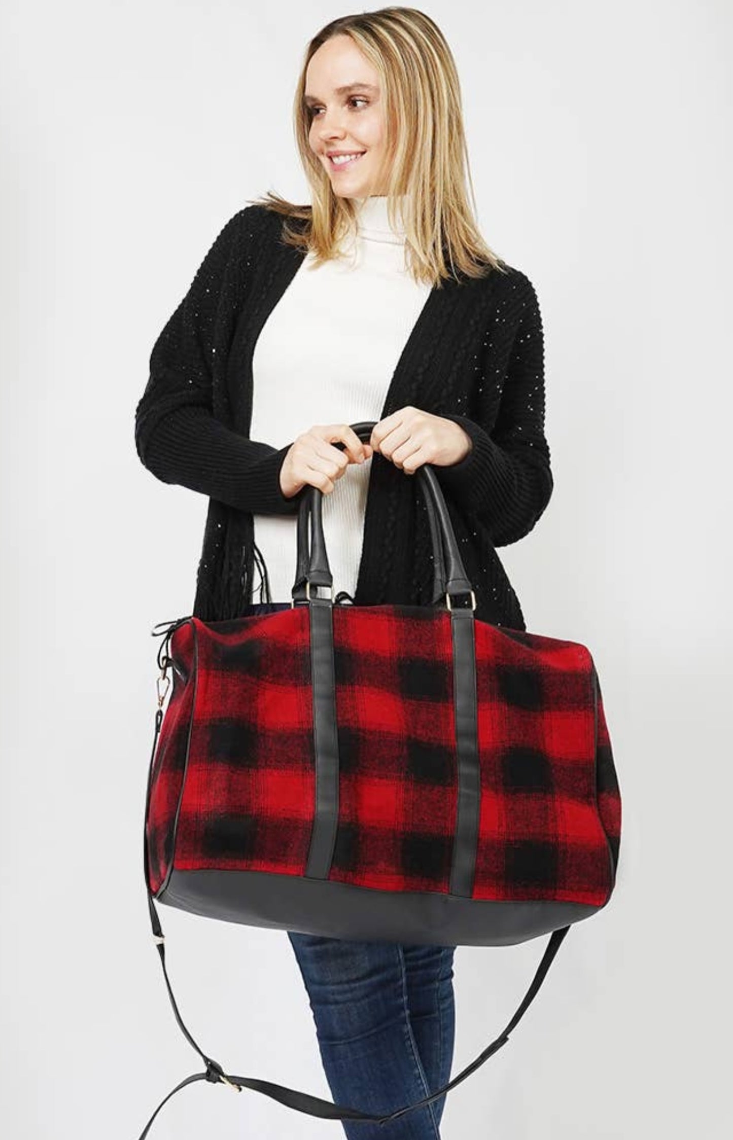 Red/Black Buffalo Pattern Crossbody Duffel Bag