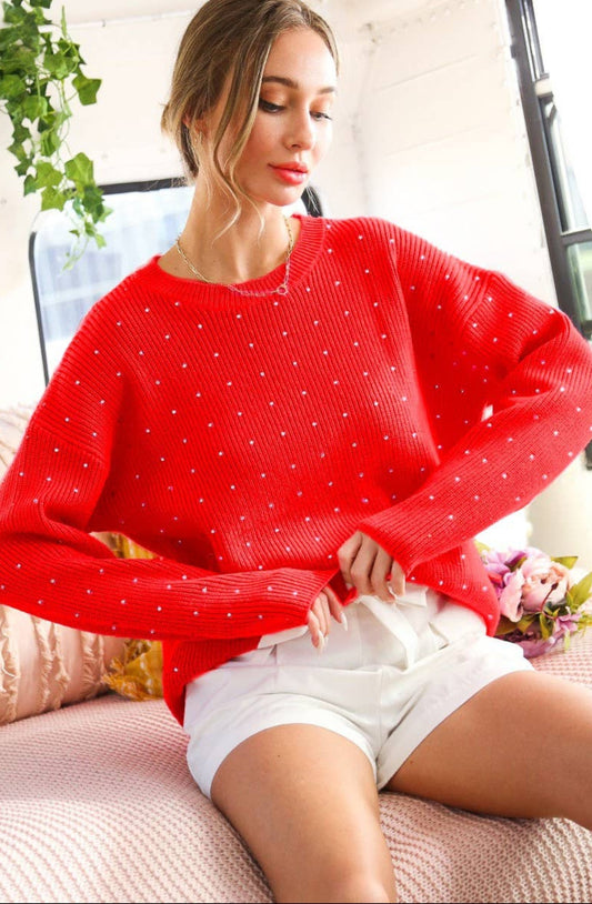 Red Crewneck Rhinestone Sweater