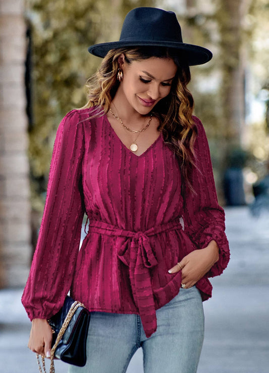 Wine Peplum V Neck Blouse