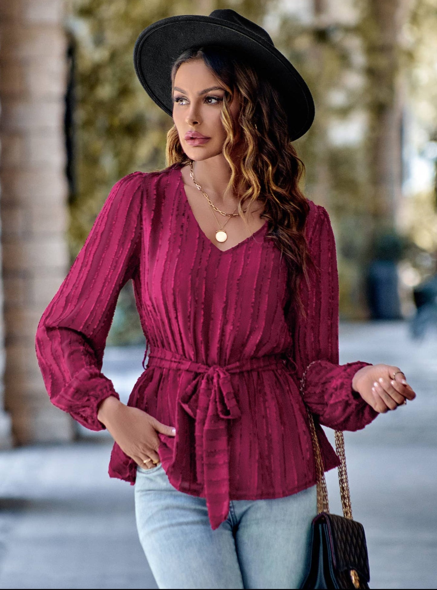 Wine Peplum V Neck Blouse