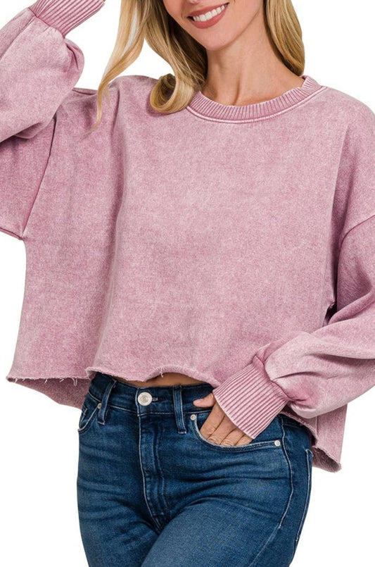 Rose Acid Wash Fleece Cropped Pullover