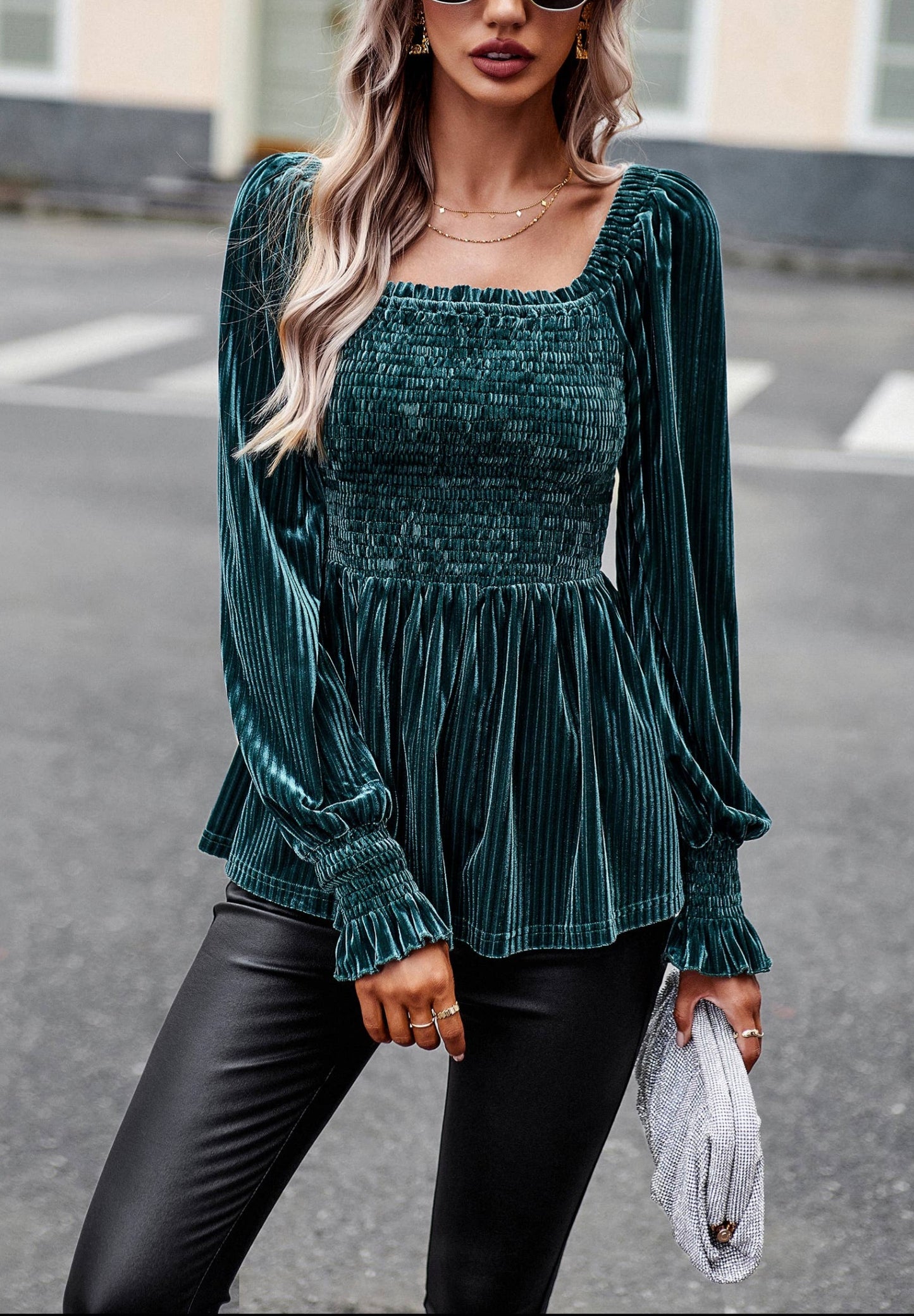 Velvet Smocked Ribbed Square Neck Peplum Blouse