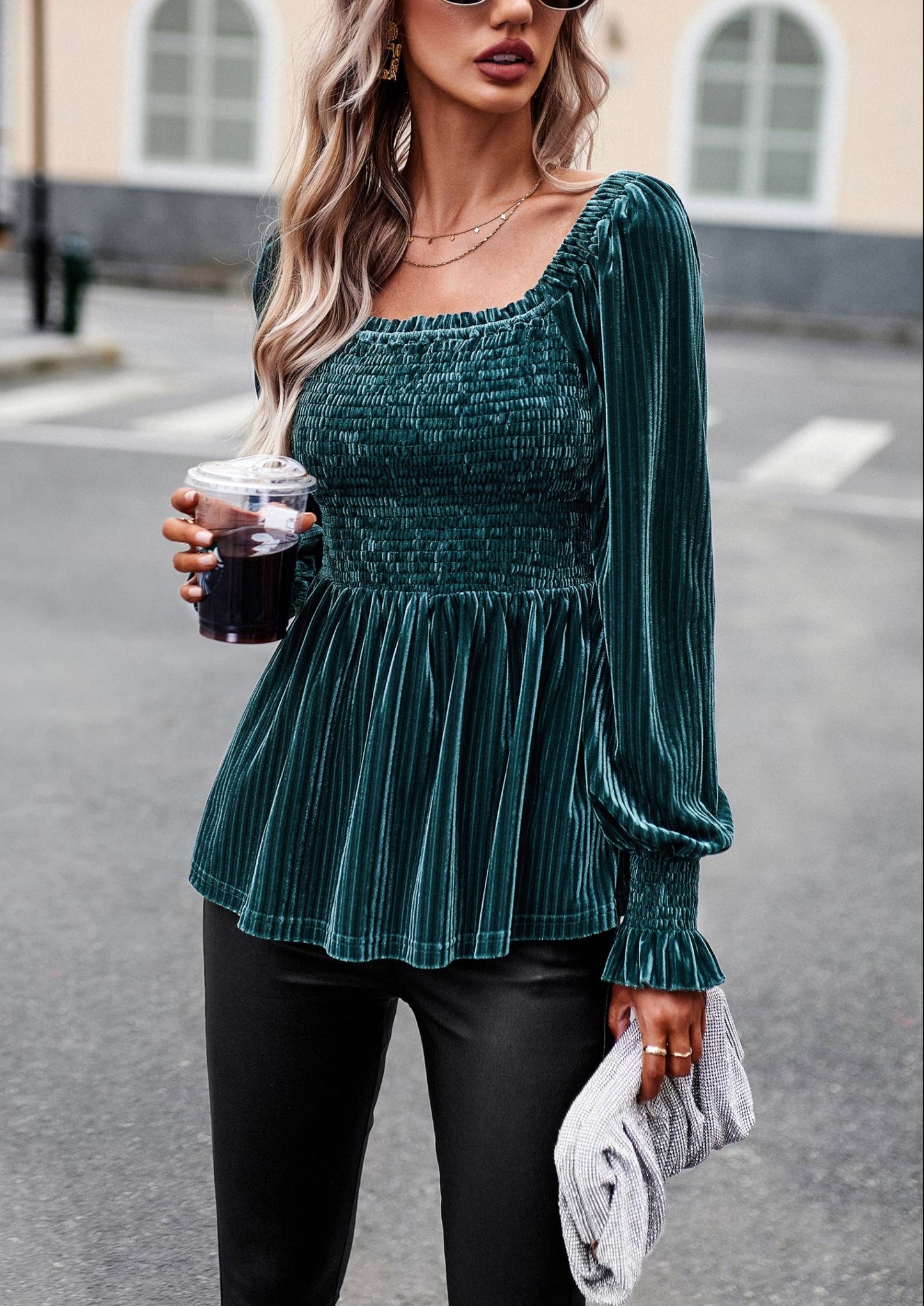 Velvet Smocked Ribbed Square Neck Peplum Blouse